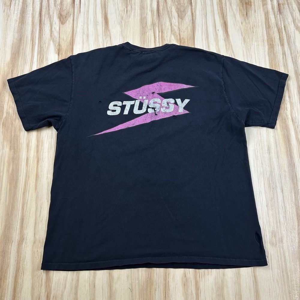Vintage Y2K Stussy Mens L Black Pink T Shirt Thrashed Holes Streetwear